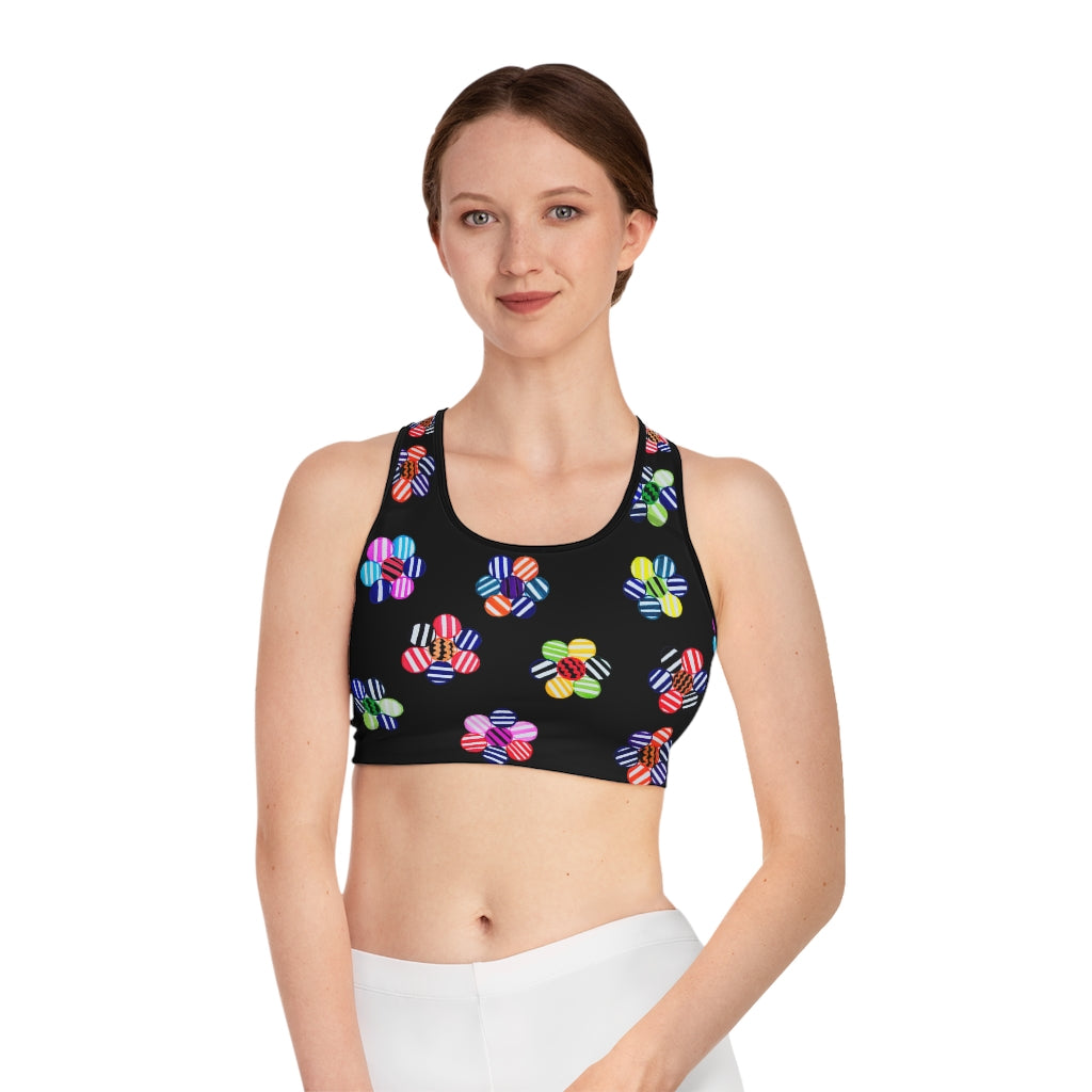 black geometric flowers sports bra