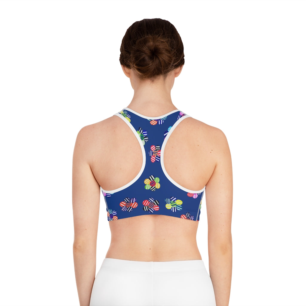 blue geometric flowers sports bra