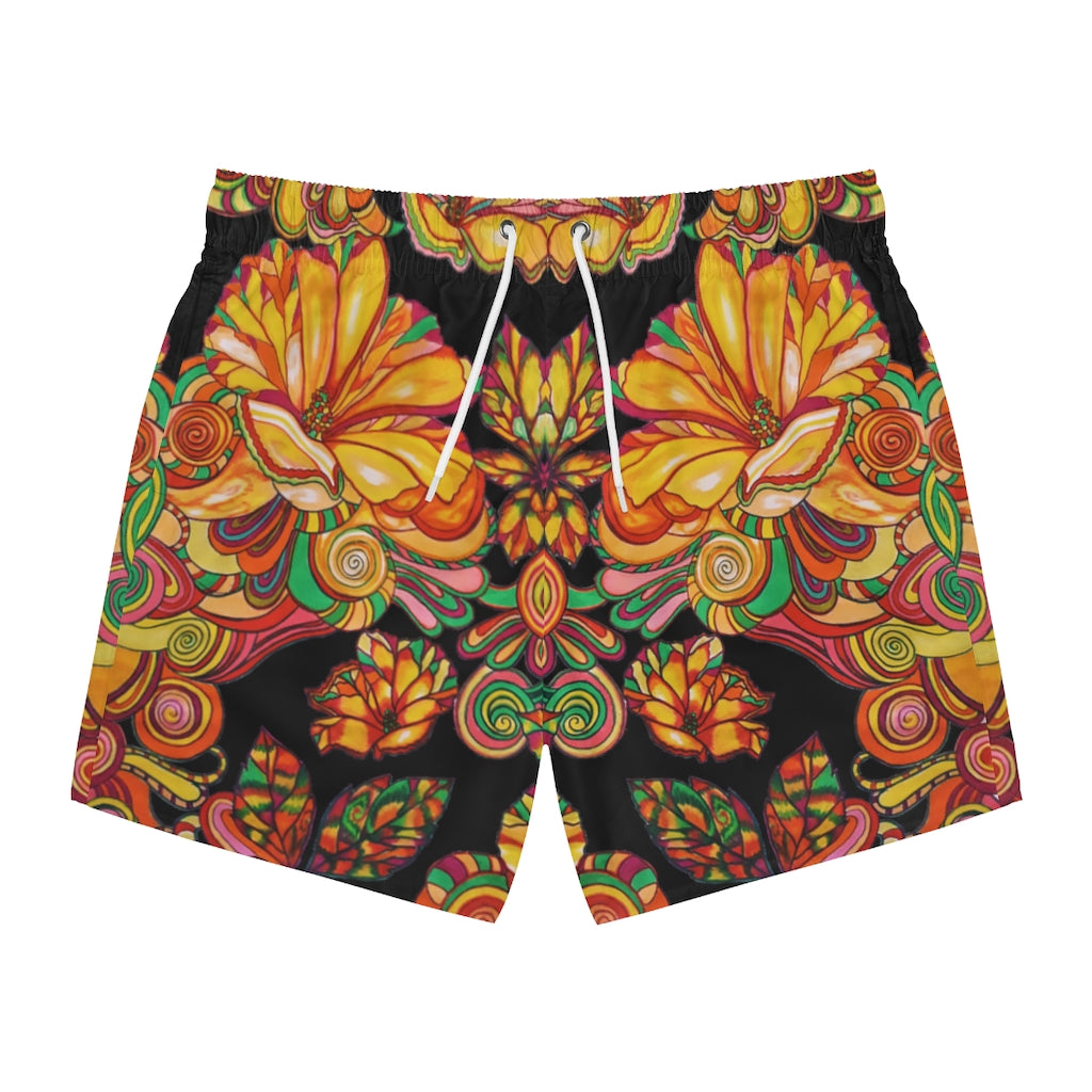 Artsy Floral Men's Black Swimming Trunks