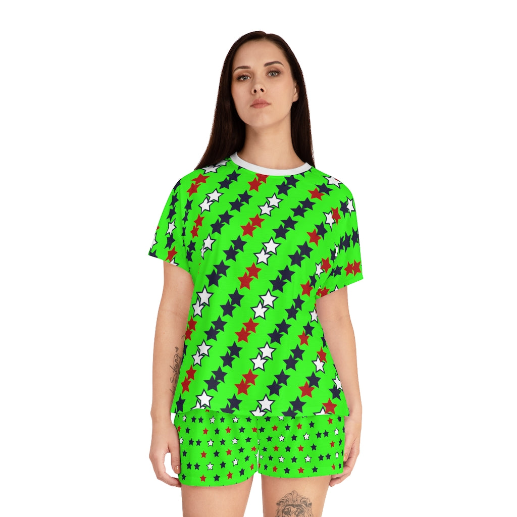 Neon Green Star Print Short Pajama Set (AOP)