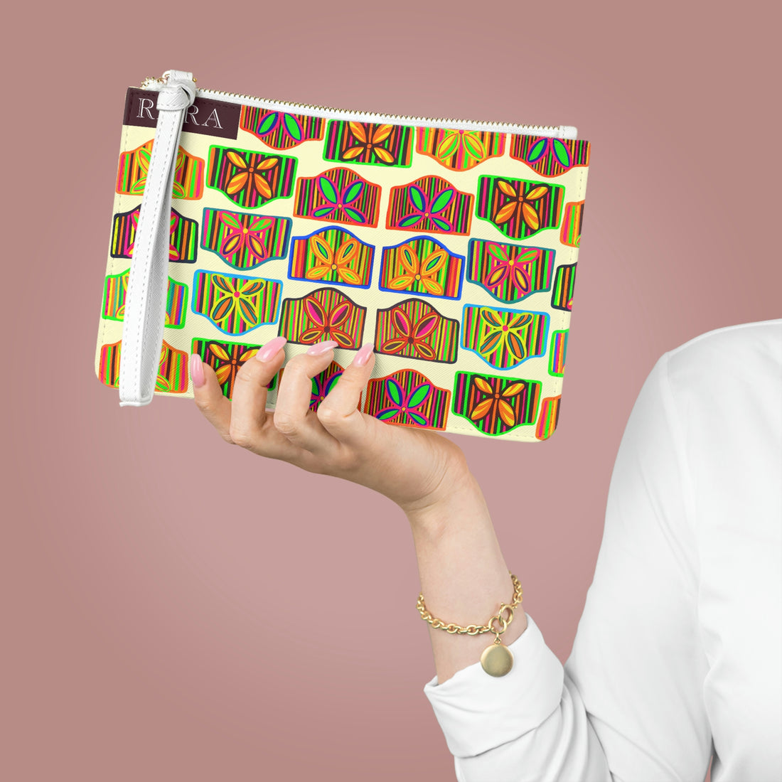 Cream Deco Print Clutch Bag