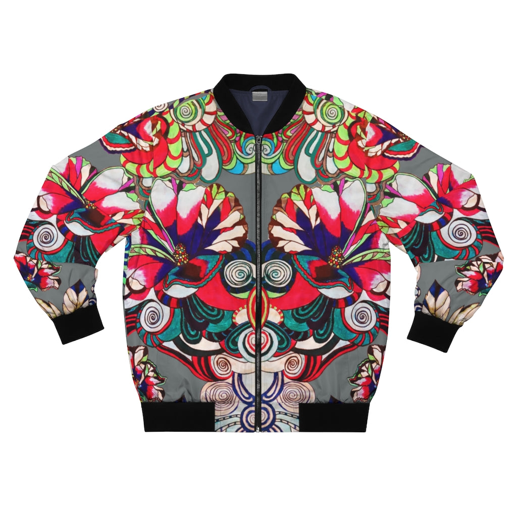 ash grey graphic floral men's bomber jacket