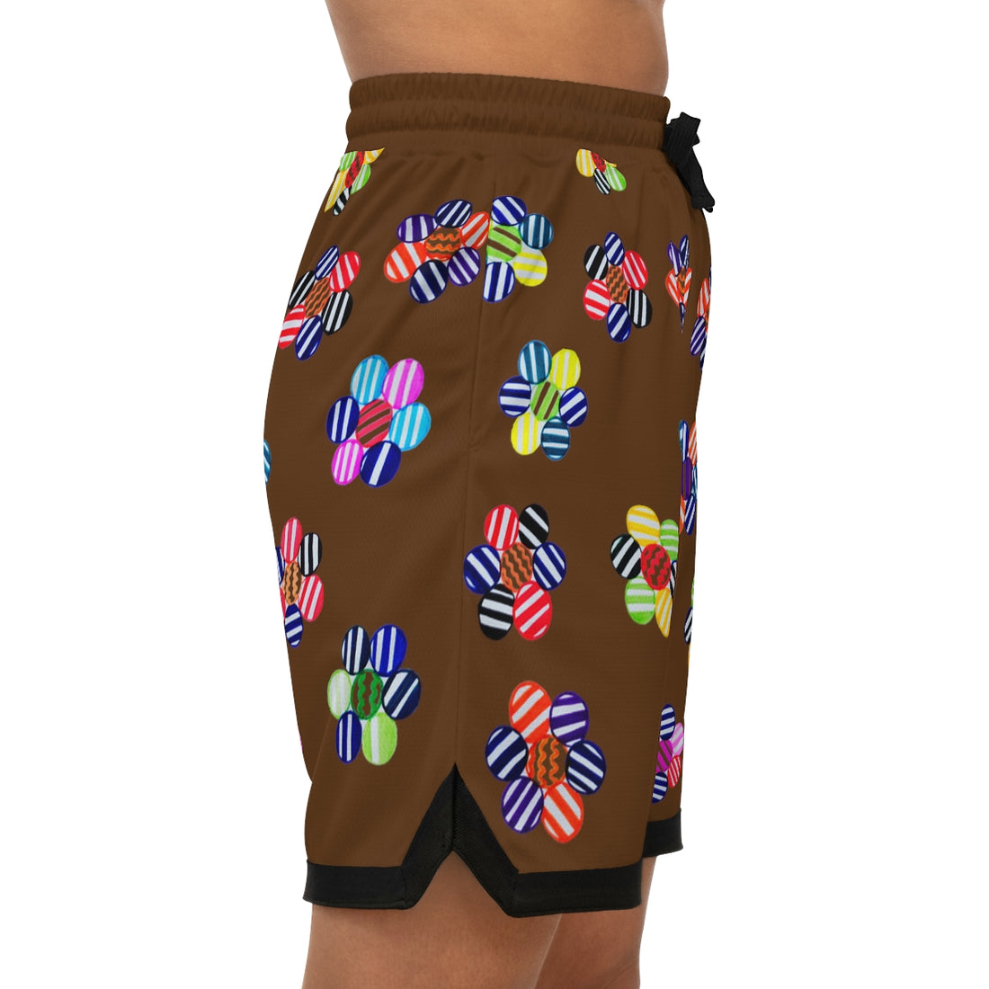brown geometric floral print basketball shorts for men