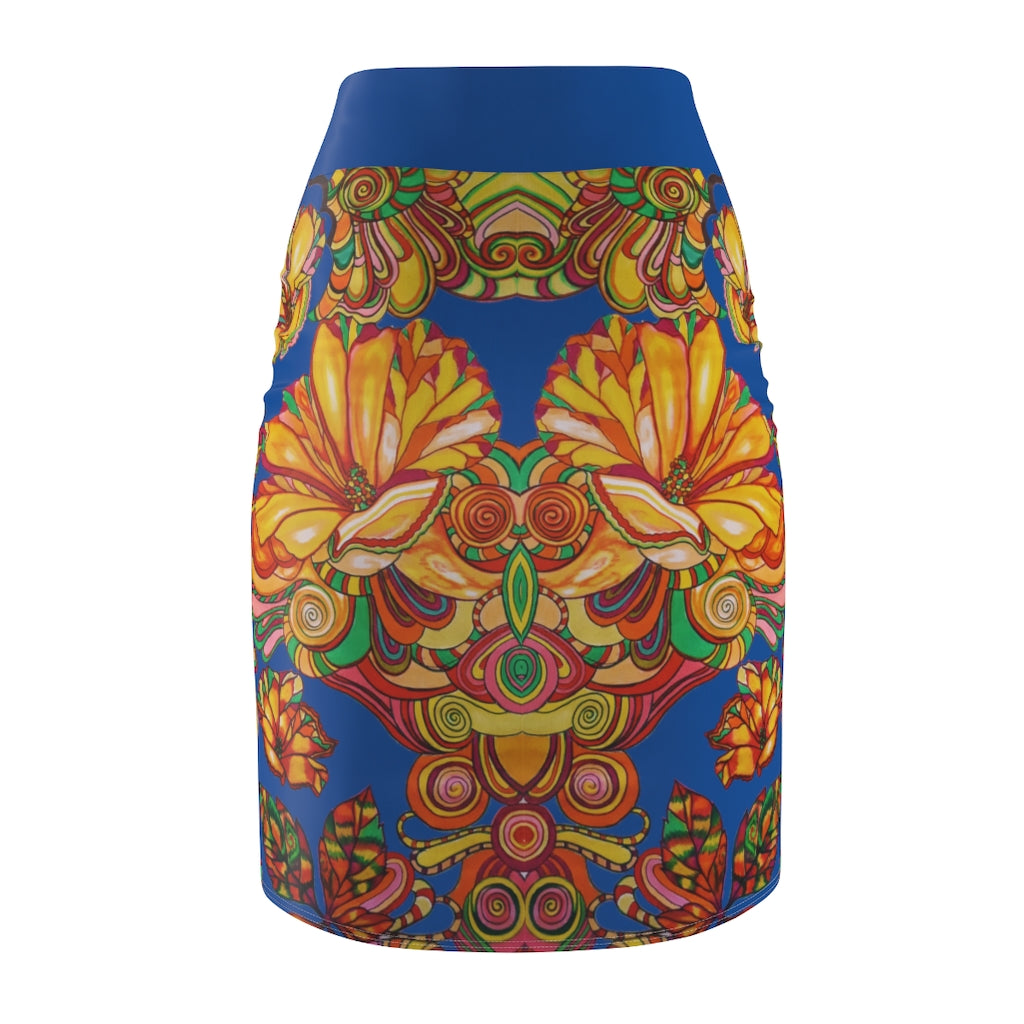 Artsy Floral Royal Blue Pencil Skirt