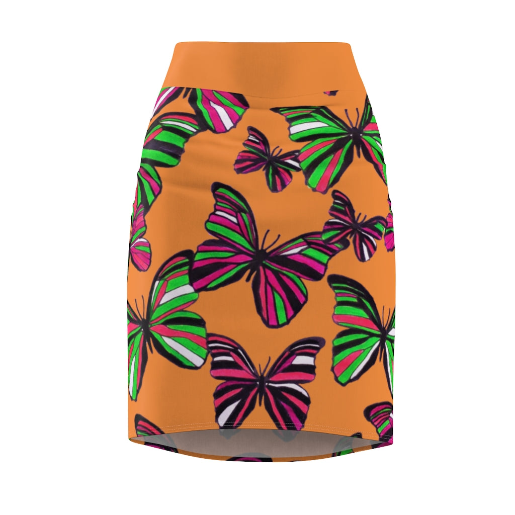 Peach Butterflies Pencil Skirt