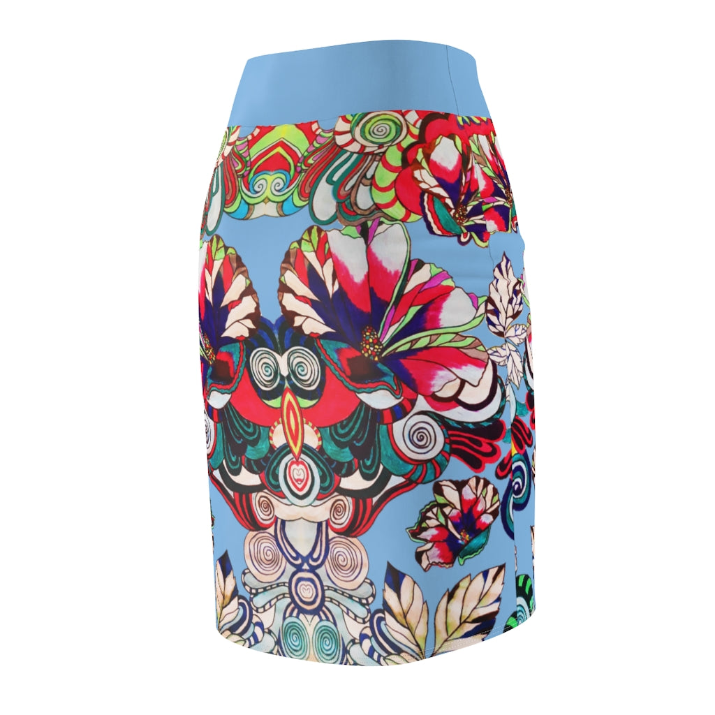 Floral Pop Blue Pencil Skirt
