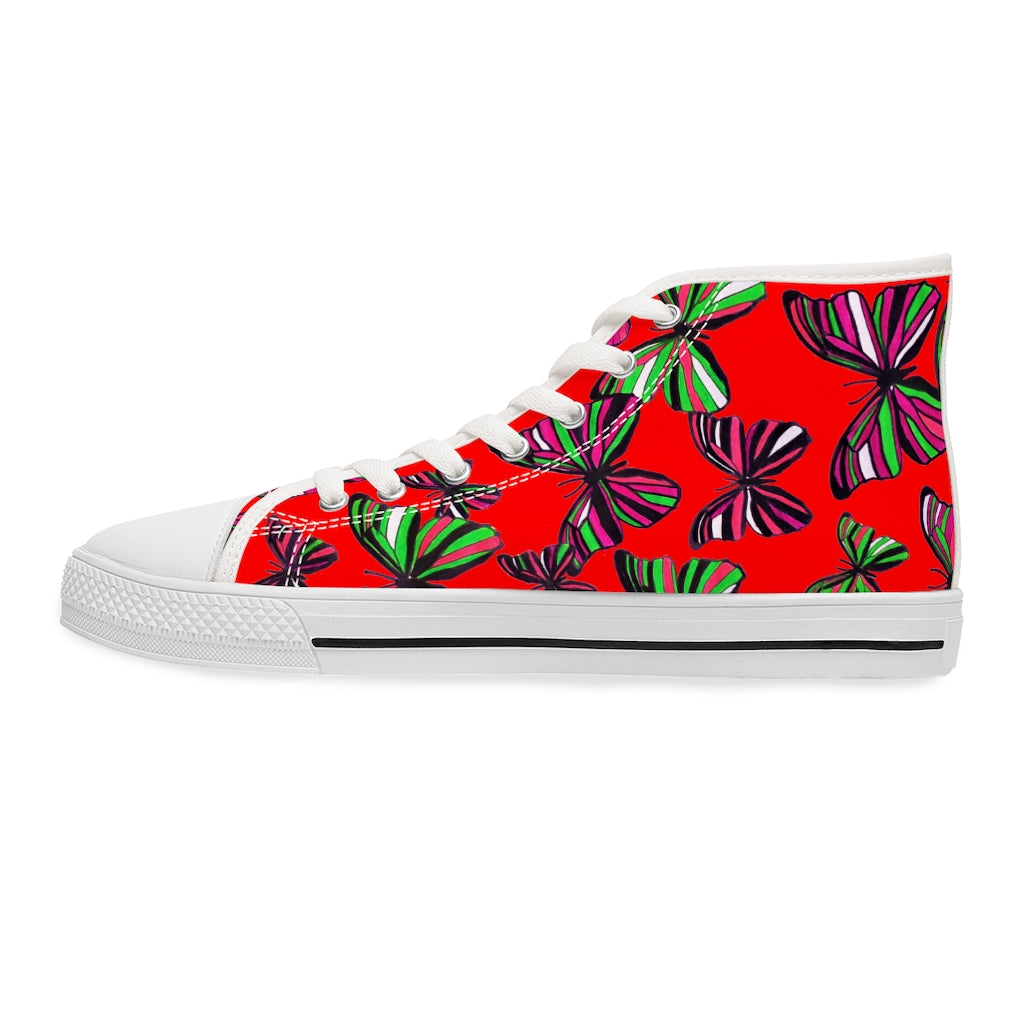 red butterfly print canvas women's high top sneakers 
