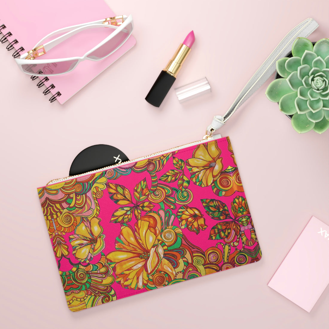 hot pink floral print clutch bag