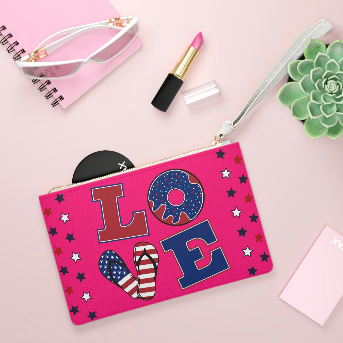 hot pink love typography clutch bag