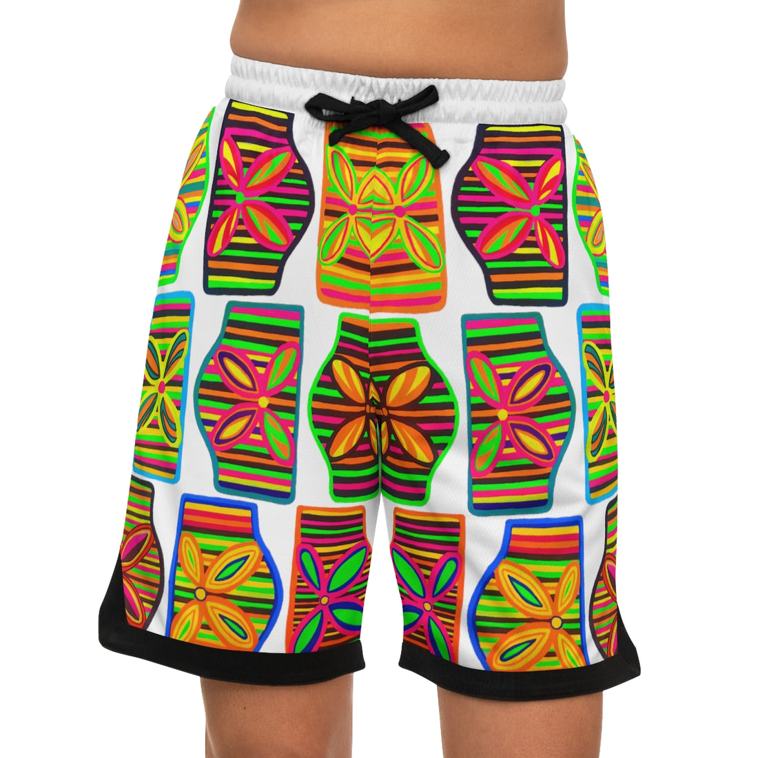 white art deco print basketball shorts