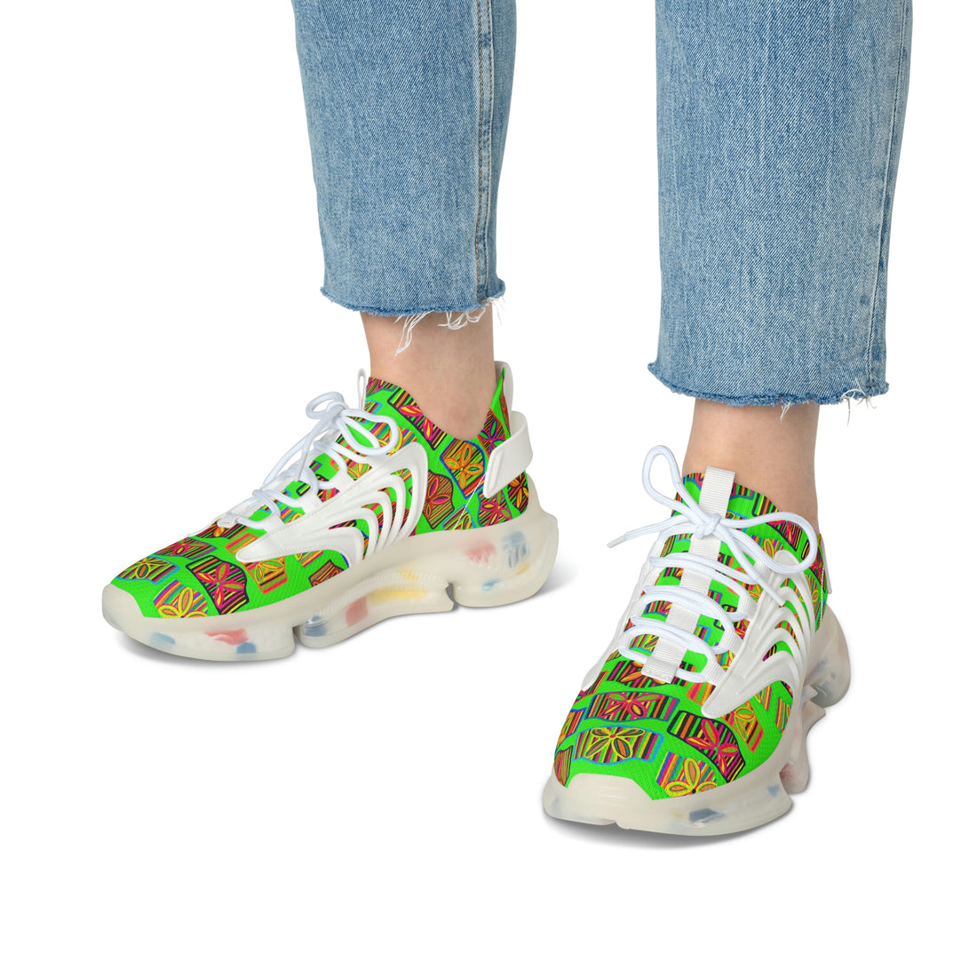 Neon Green Deco Print OTT Women's Mesh Knit Sneakers