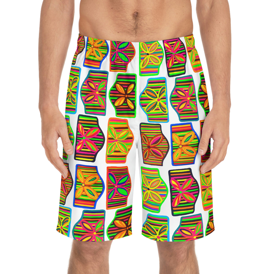 White Deco Print Men's Board Shorts (AOP)