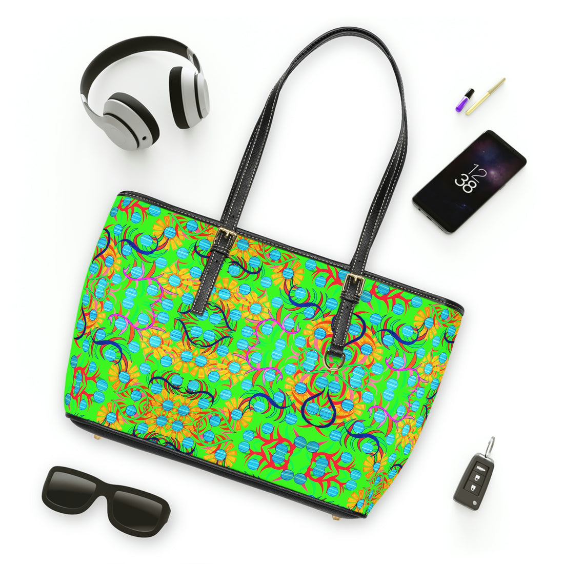 Neon Green Sunflower PU Leather Shoulder Bag