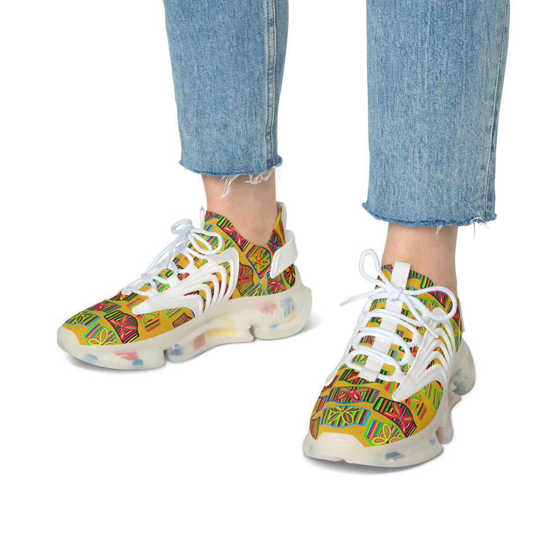 Yellow Deco Print OTT Women's Mesh Knit Sneakers