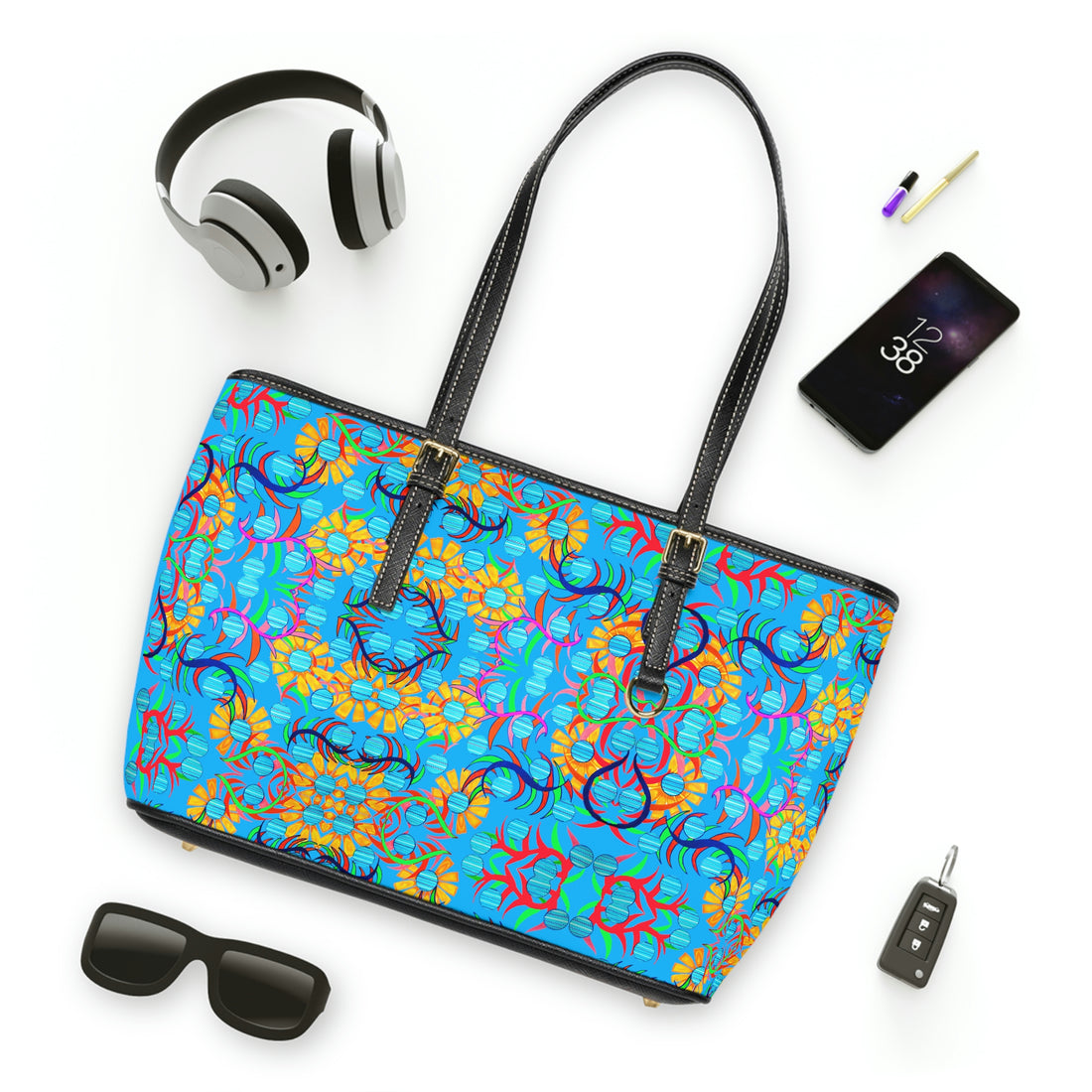 aqua pu leather sunflower print oversize tote bag