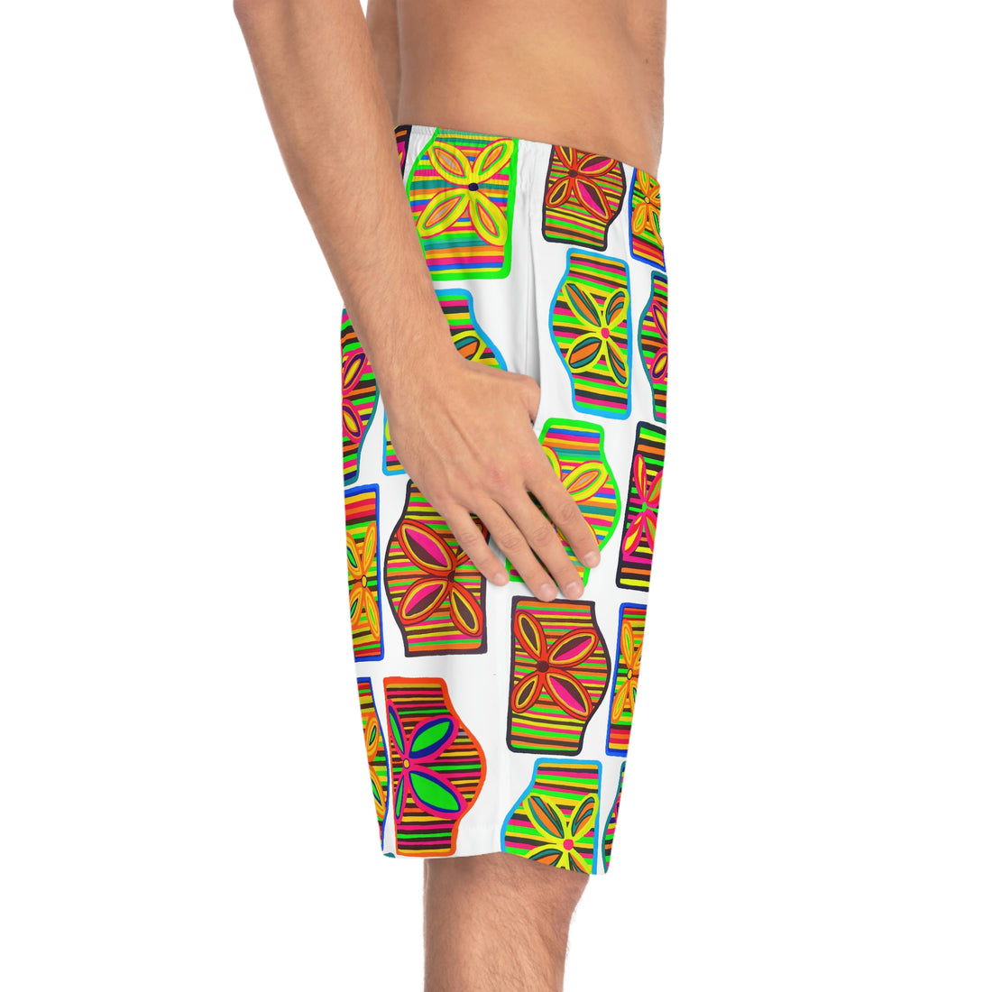 White Deco Print Men's Board Shorts (AOP)