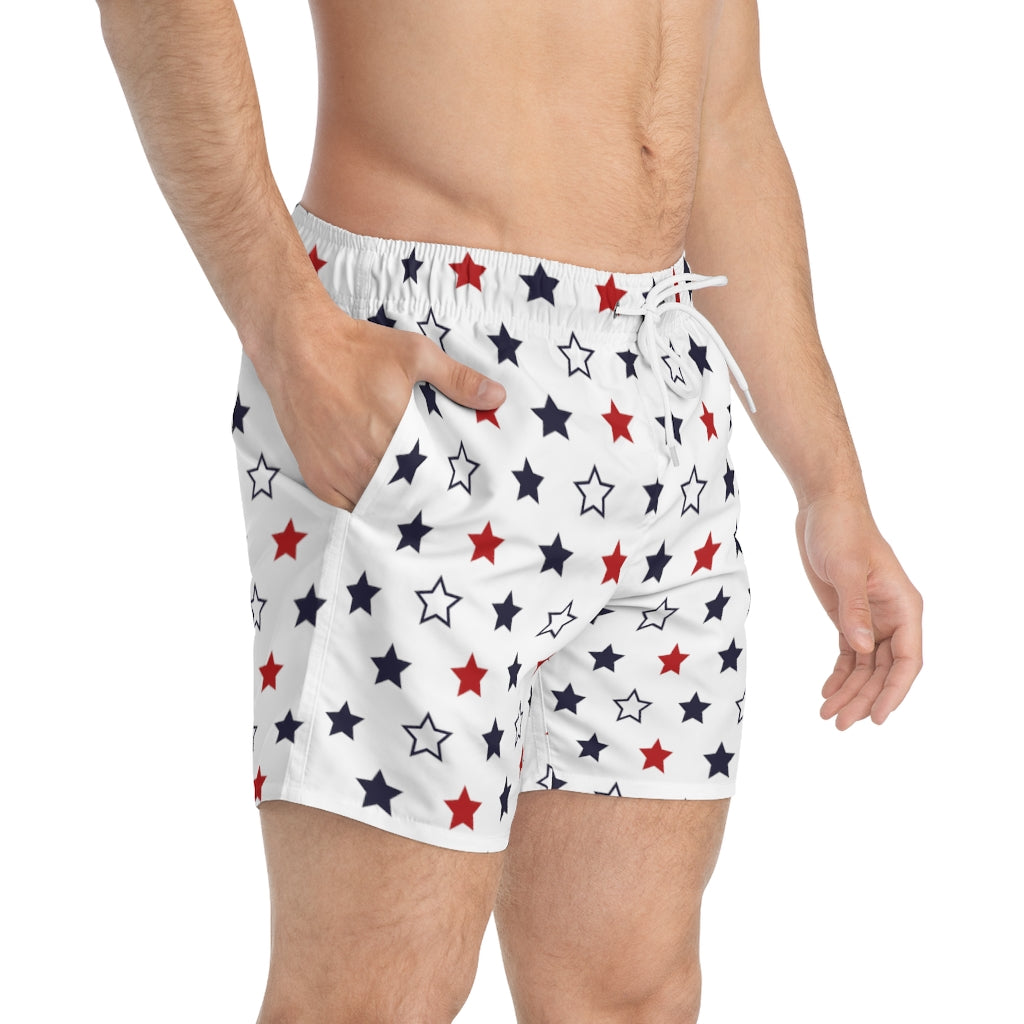 white star print 4th of July men's swimming trunks