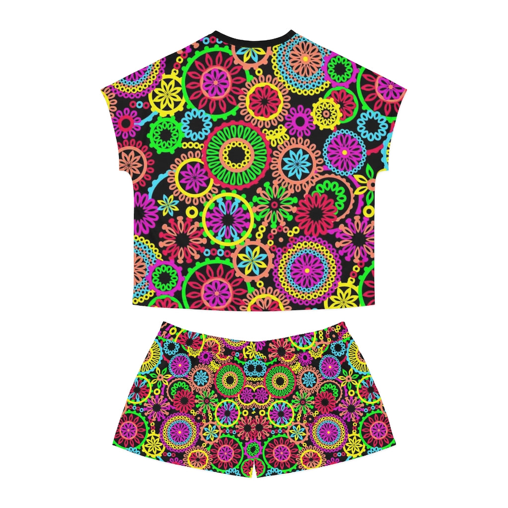 Black 70's Vibe Short Pajama Set (AOP)