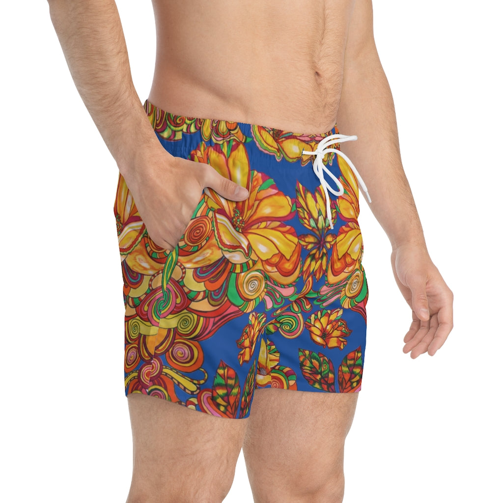 Artsy Floral Men's Blue Swimming Trunks