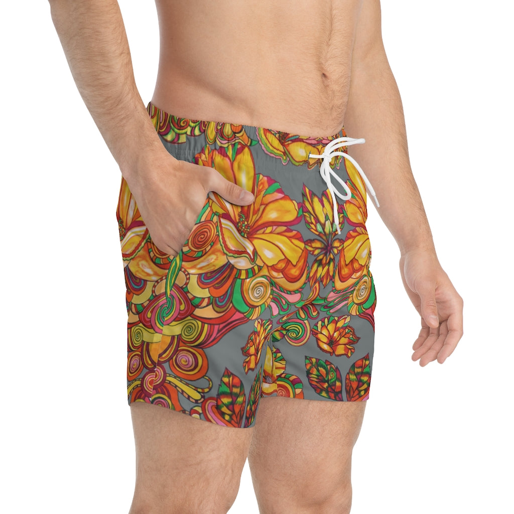 Artsy Floral Men's Ash Swimming Trunks