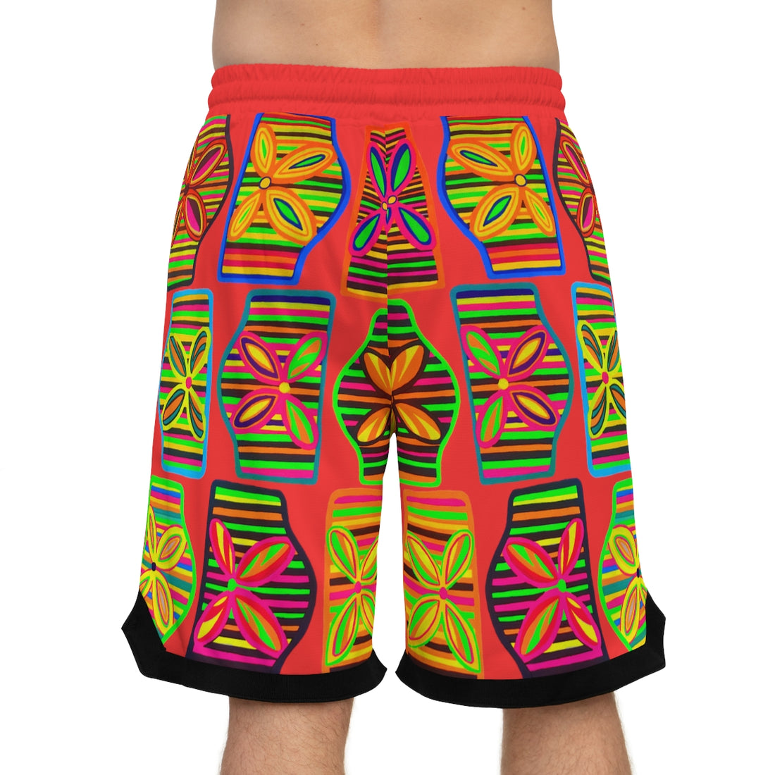 vermillion art deco print basketball shorts