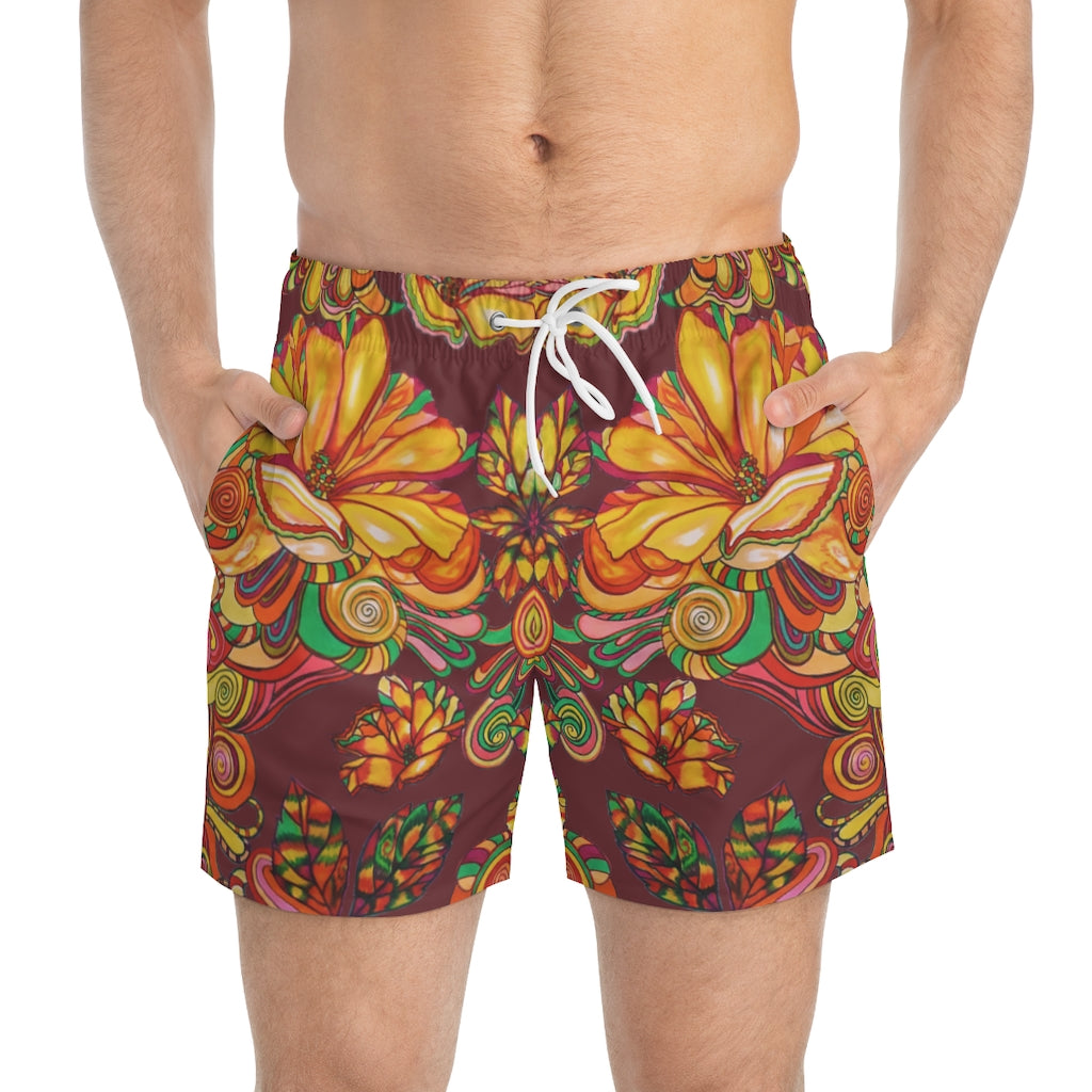 Artsy Floral Men's Marsala Swimming Trunks