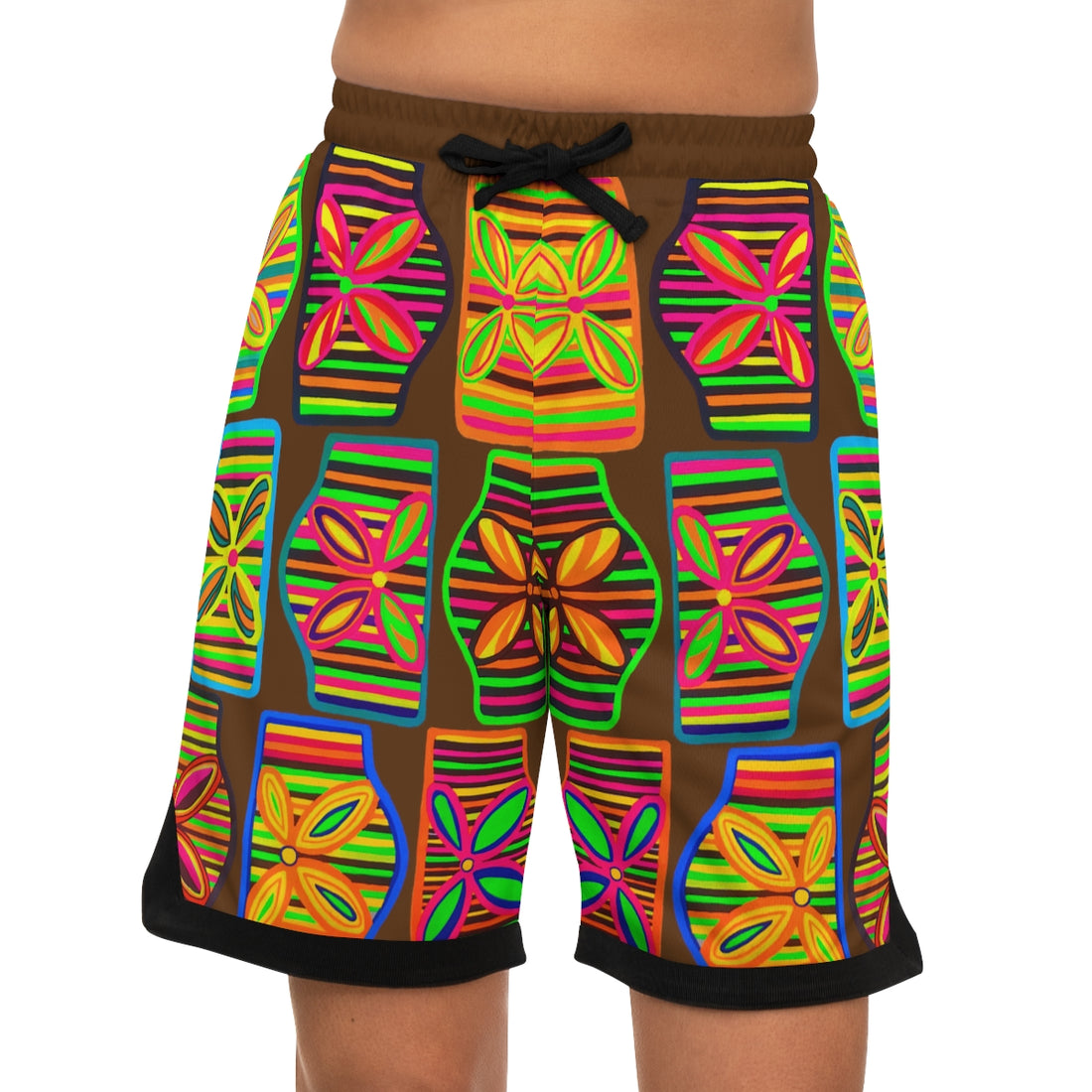 Brown Deco Print Basketball Rib Shorts (AOP)