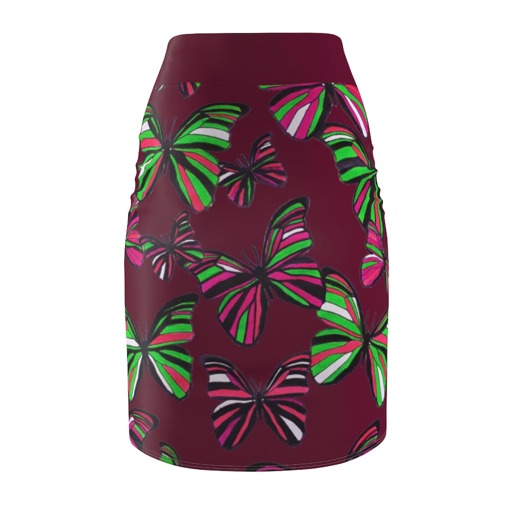 Marsala Butterflies Pencil Skirt