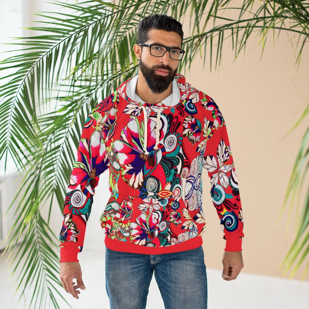Artsy Floral Pop Red Pullover Hoodie