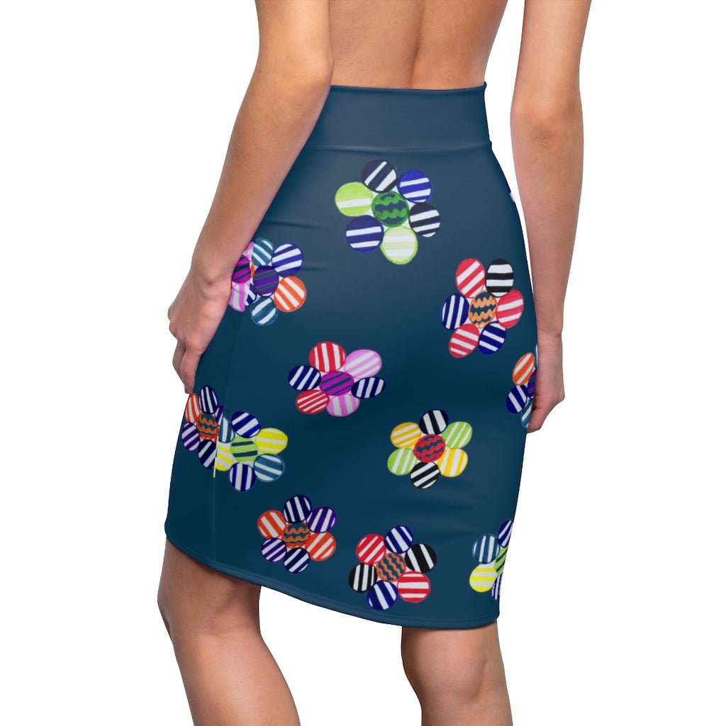 Teal Candy Florals Print Pencil Skirt