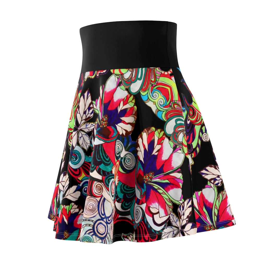 Graphic Floral Black Skater Skirt