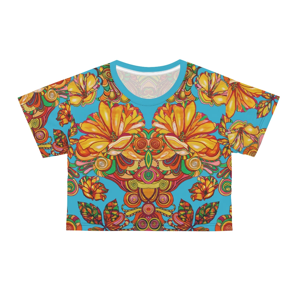 aqua graphic floral print crop t-shirt