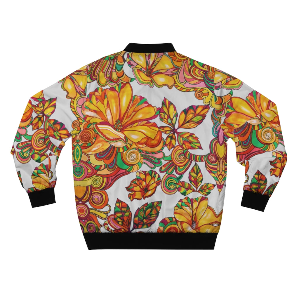 slate grey men's wear bomber jacket in artsy floral print