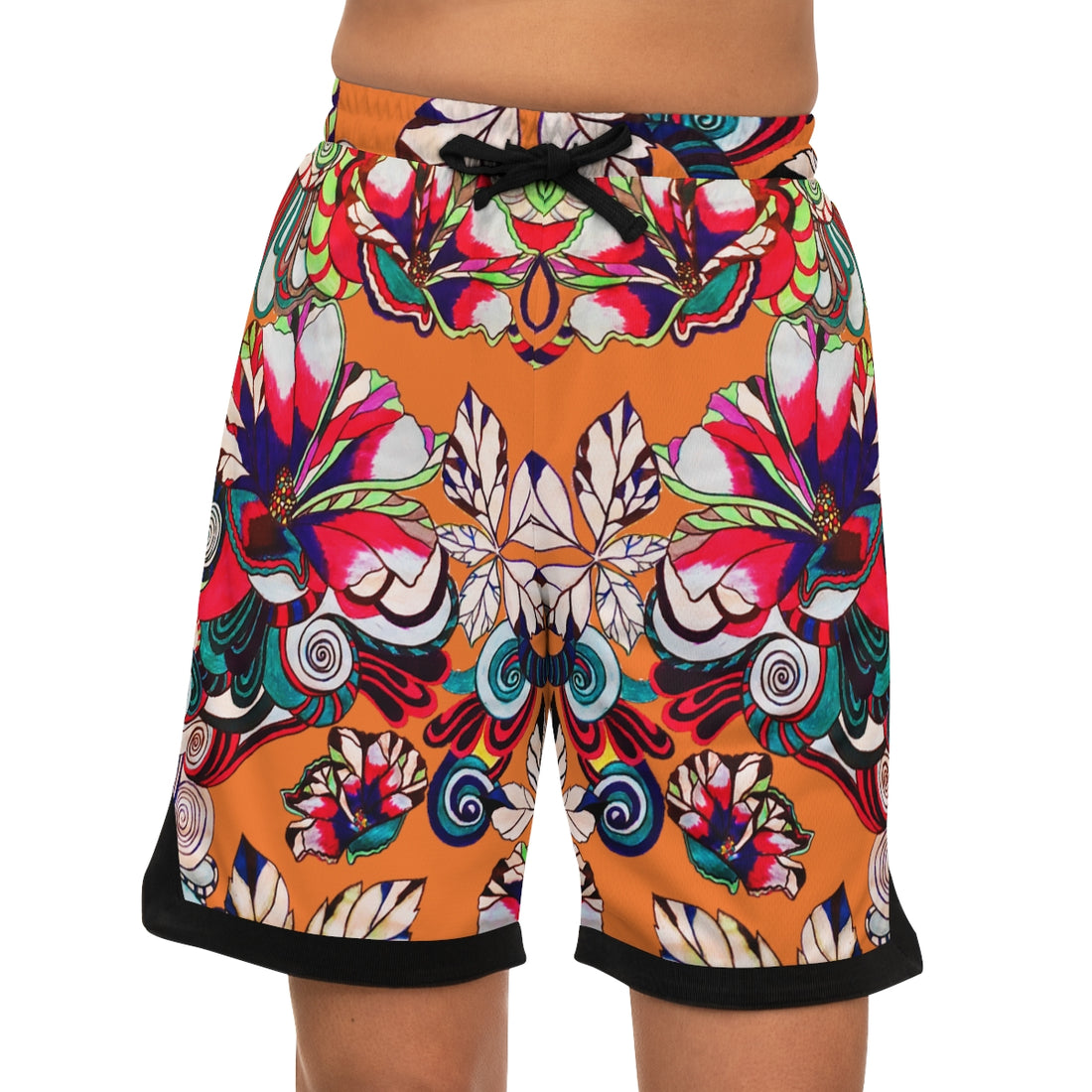 Peach Graphic Floral Basketball Rib Shorts (AOP)