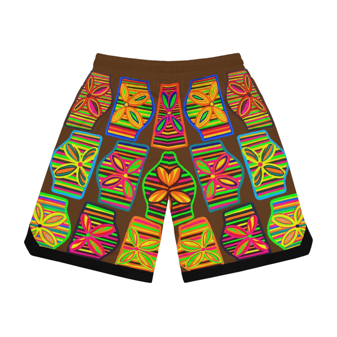 Brown Deco Print Basketball Rib Shorts (AOP)