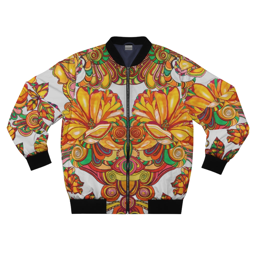 slate grey men's wear bomber jacket in artsy floral print