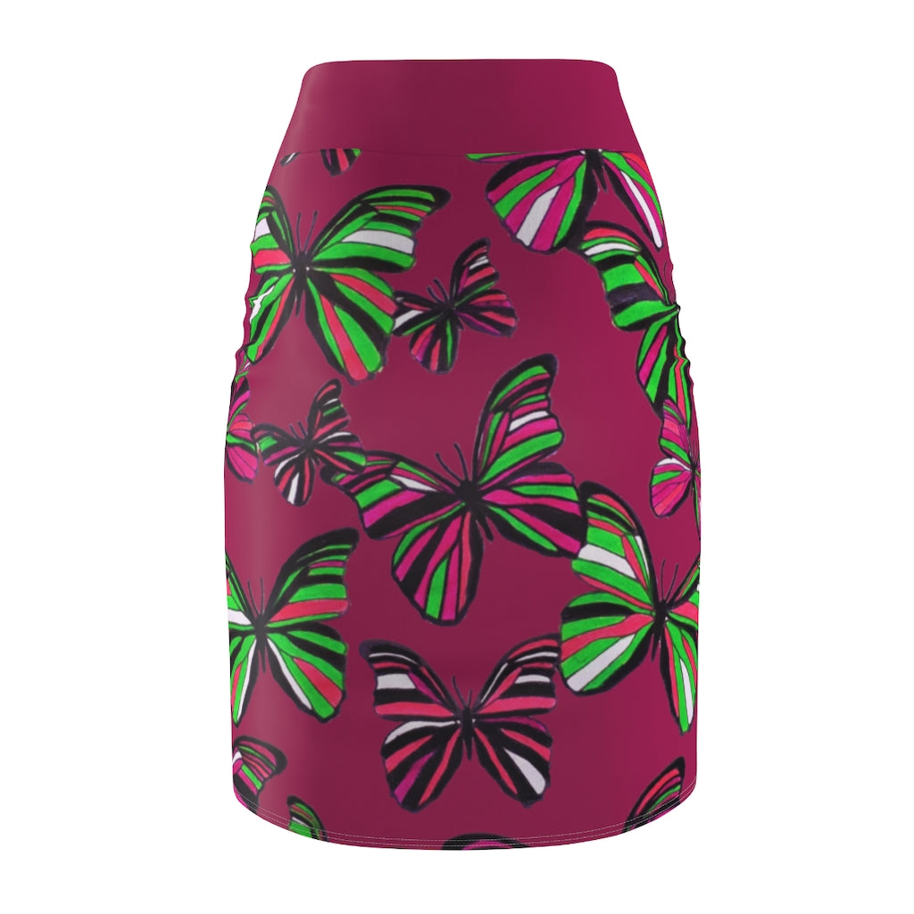 Dark Pink Butterflies Pencil Skirt