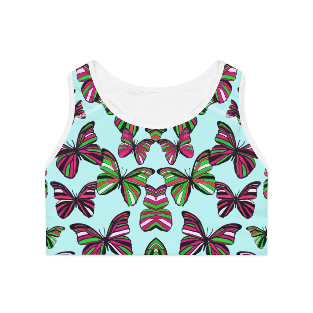 icy blue butterfly print sports bra