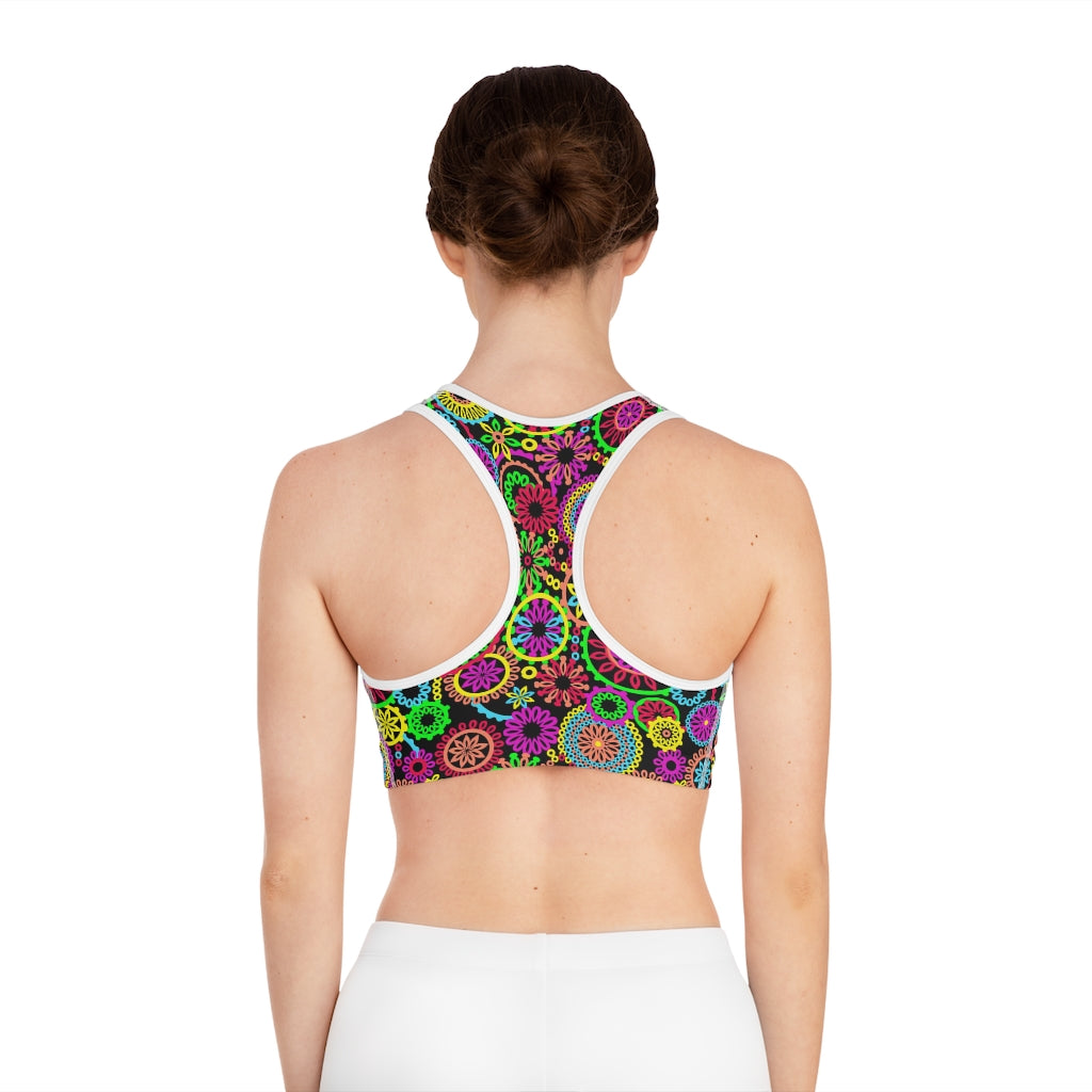 Black 70's Vibe Print (AOP) Sports Bra