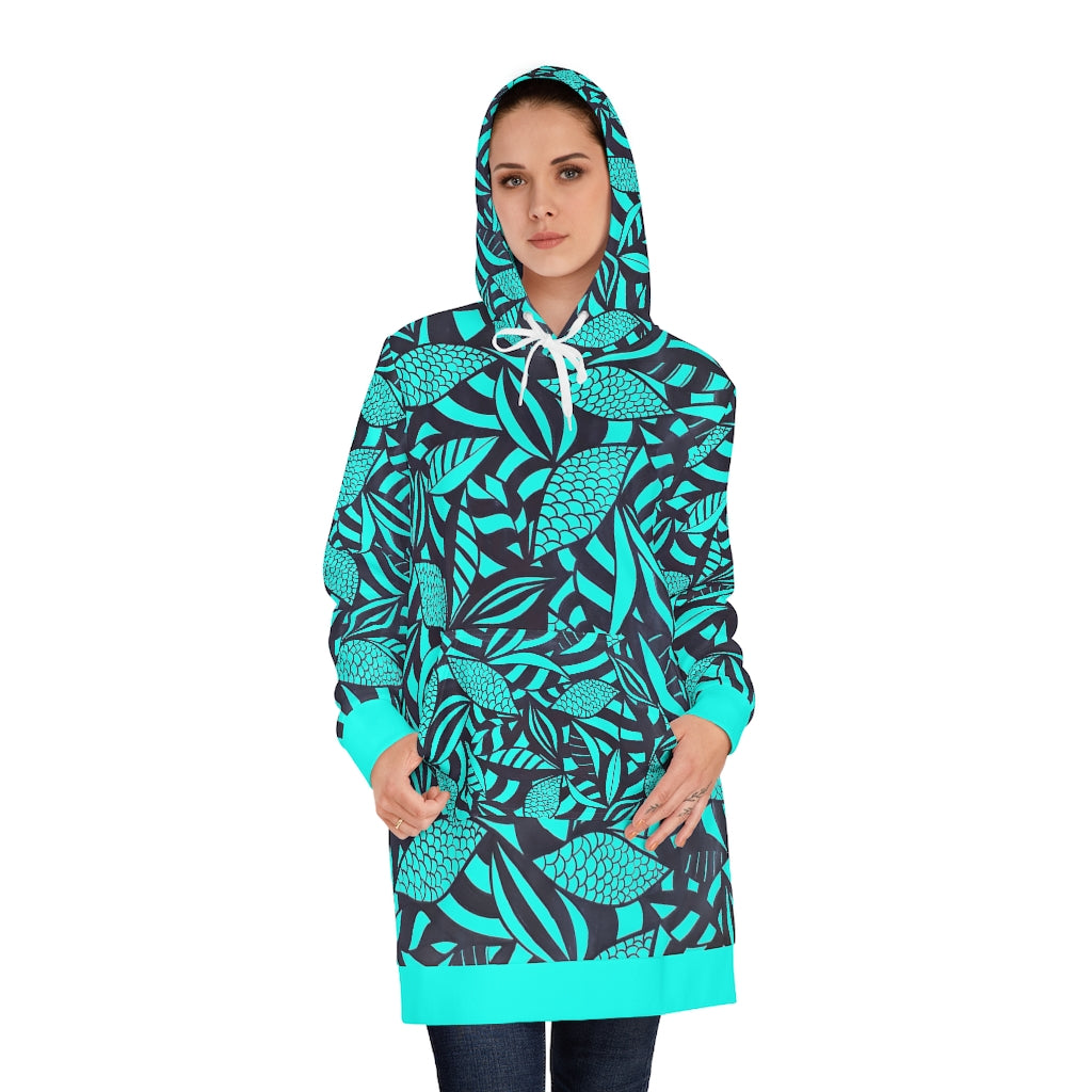 cyan tropical print hoodie dress