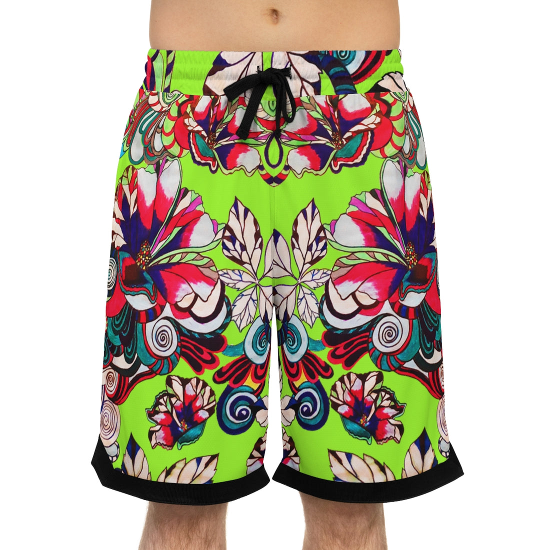 Lime Green Graphic Floral Basketball Rib Shorts (AOP)