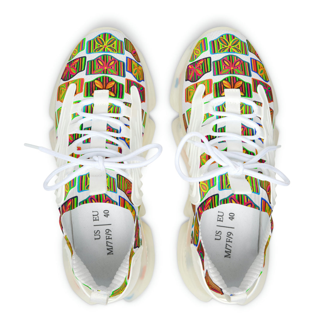 white women's art deco print mesh knit sneakers