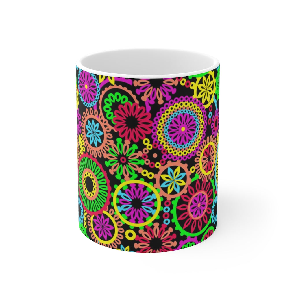70S Circles Black Ceramic Mug 11oz