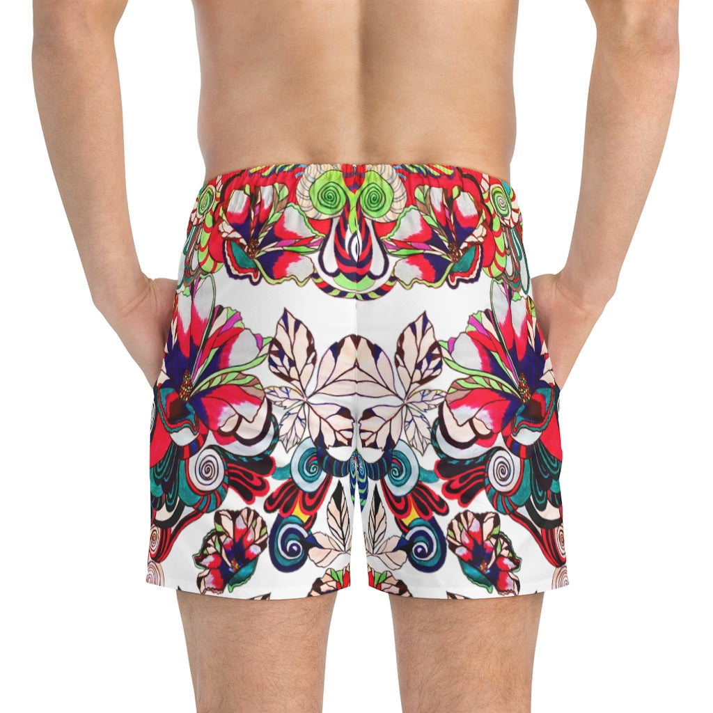 White Graphic Floral Pop Men's Swimming Trunks
