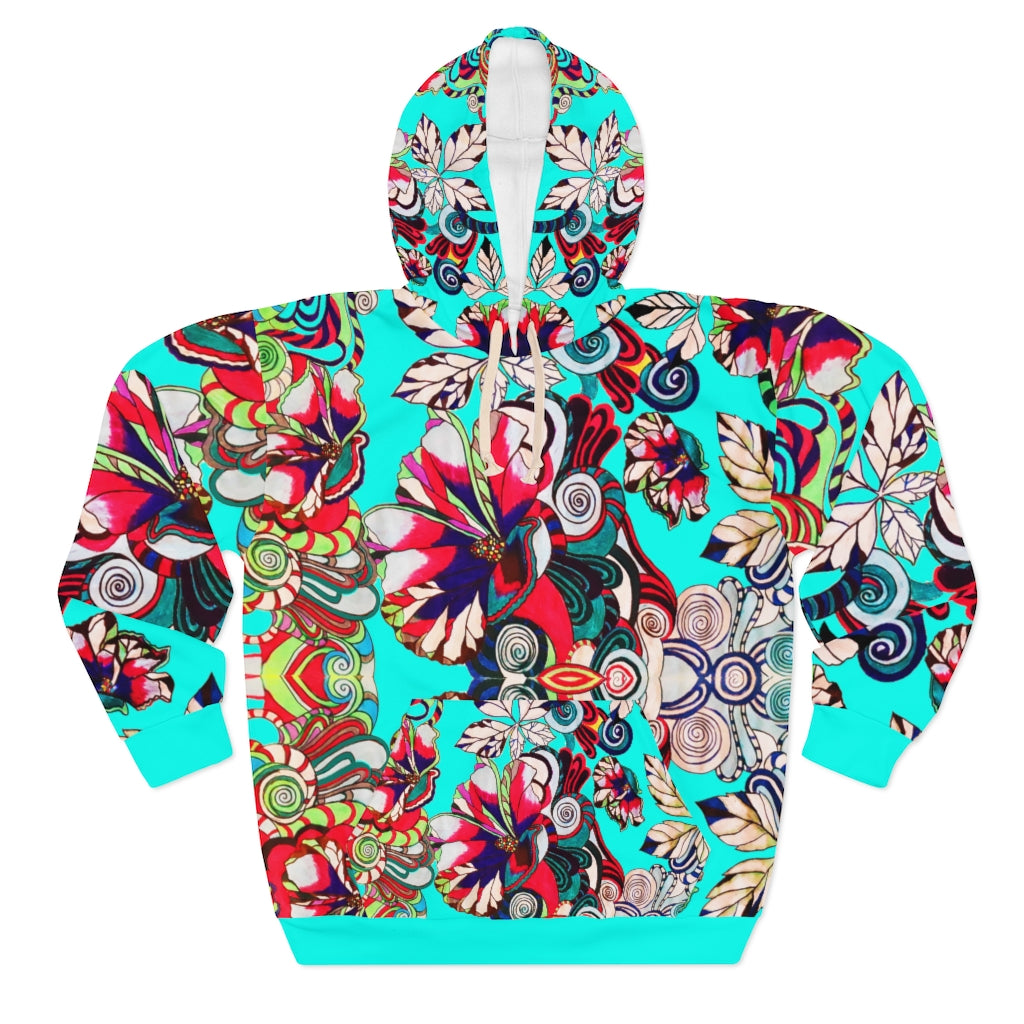 Unisex Artsy Floral Pop Cyan Pullover Hoodie
