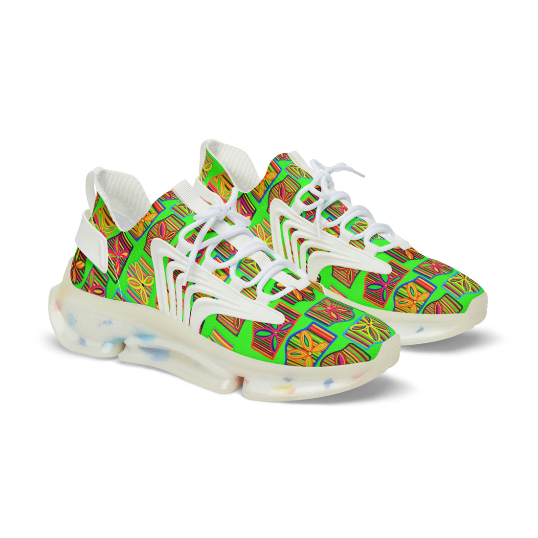 neon green men's art deco print mesh knit sneakers