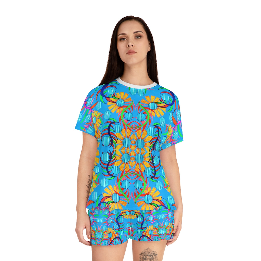 Aqua Sunflower Short Pajama Set (AOP)