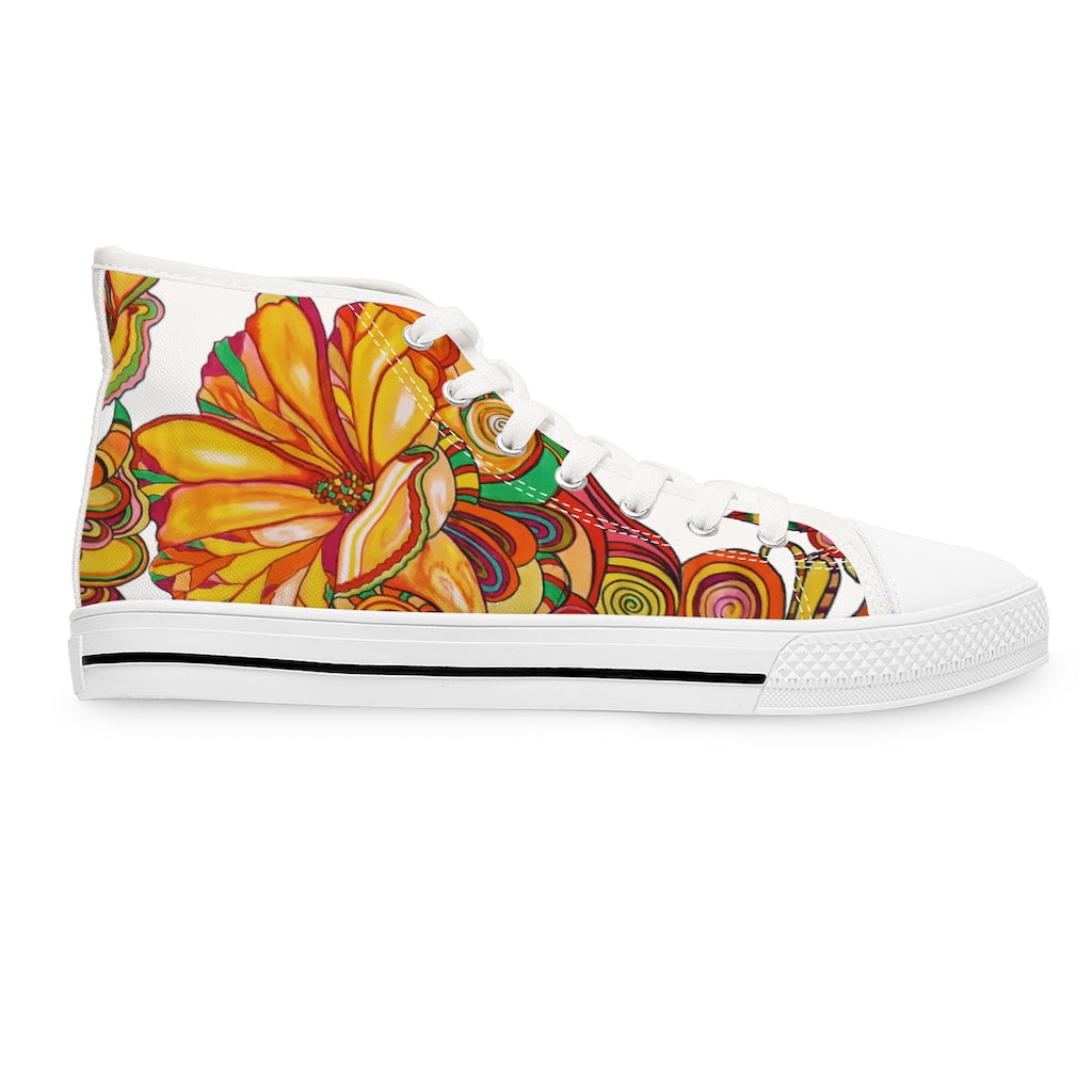 white floral print canvas high top sneakers for women