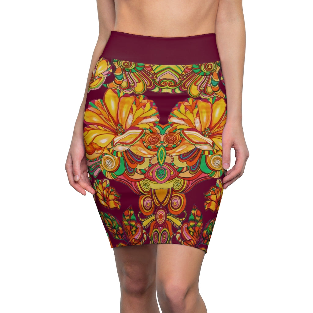 Artsy Floral Marsala Pencil Skirt