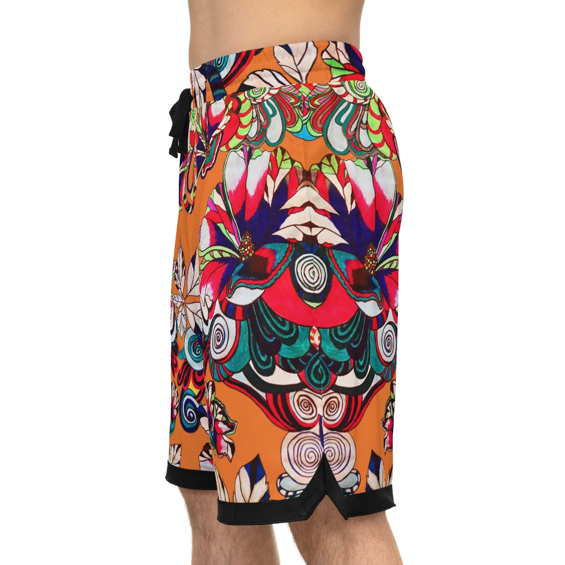 Peach Graphic Floral Basketball Rib Shorts (AOP)